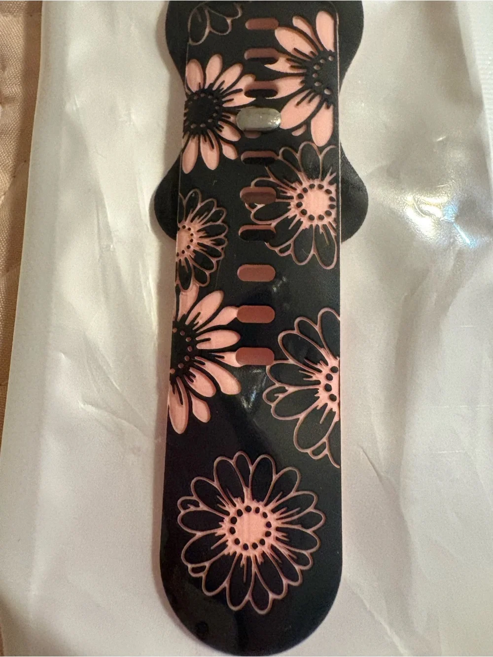 Floral Silicone Apple Watch Band - Black with Pink Flowers